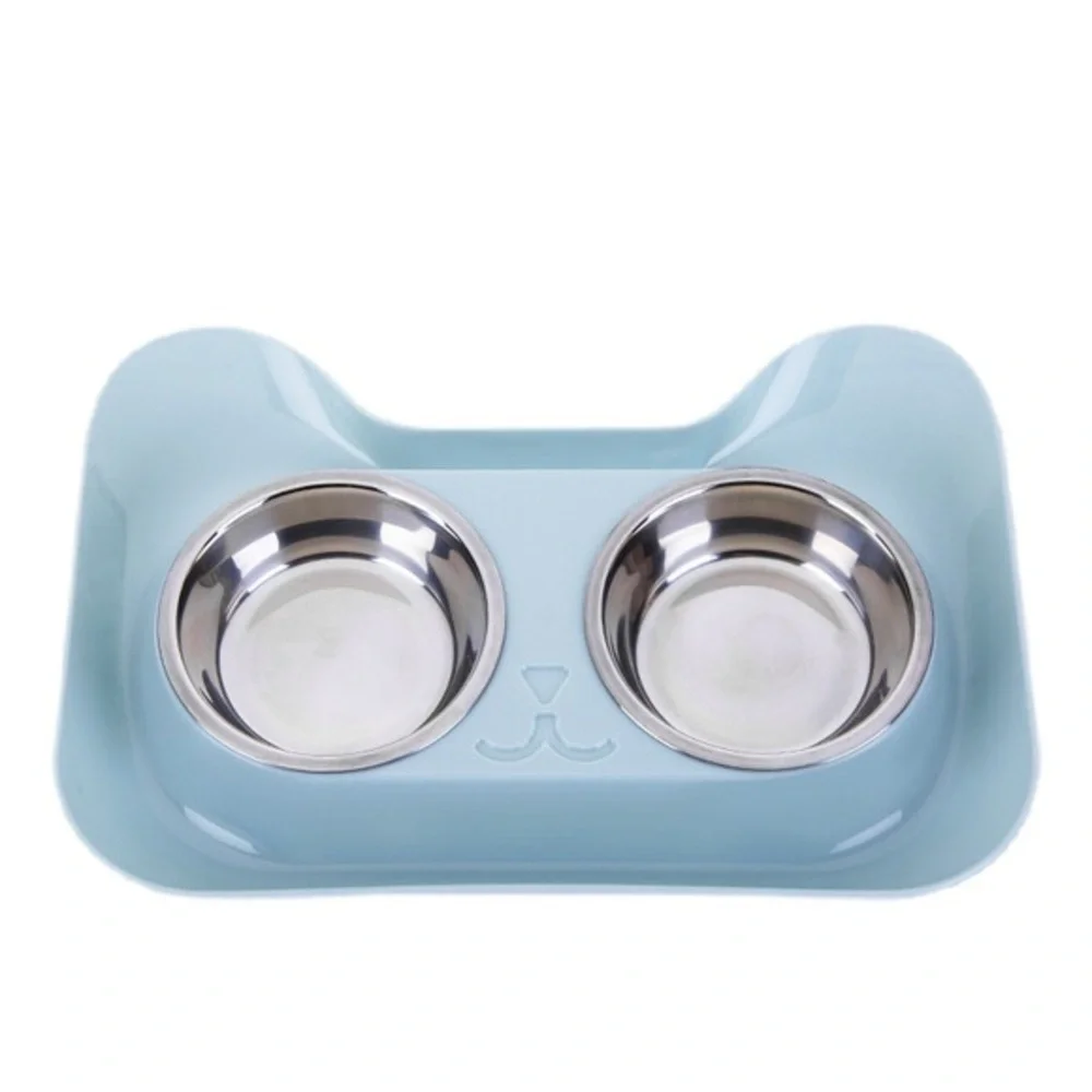 Double pet bowl water dish feeding station - blue
